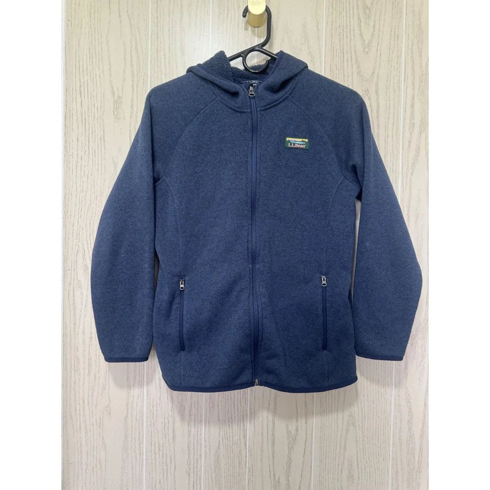 LL Bean Kids Sweater Fleece Hooded Jacket Navy Blue L 14-16 504929